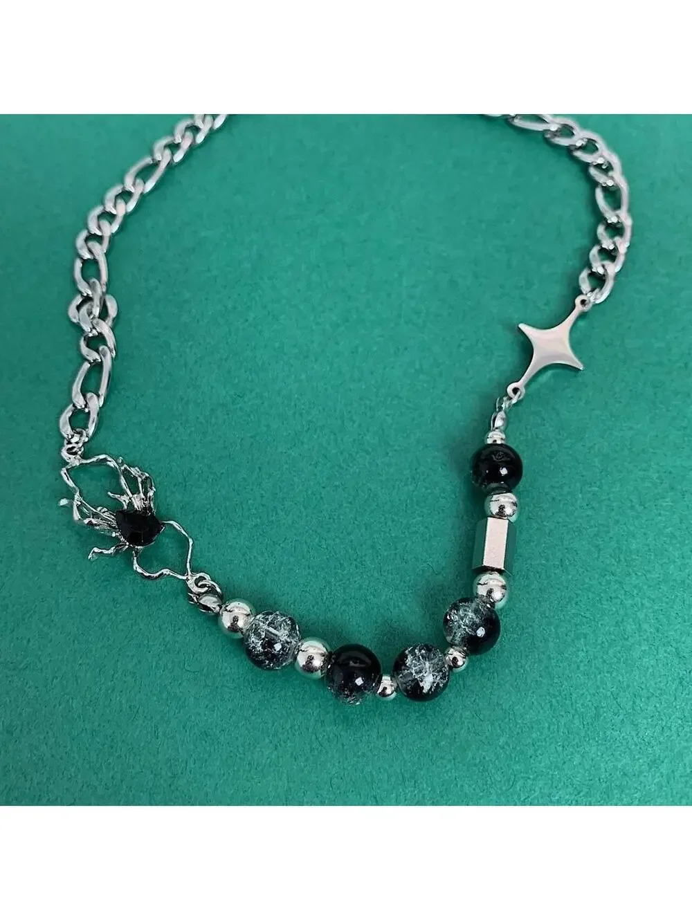 Y2k 2000s Silver Opium Spider ️ Pendant beaded necklace Cuban link chain